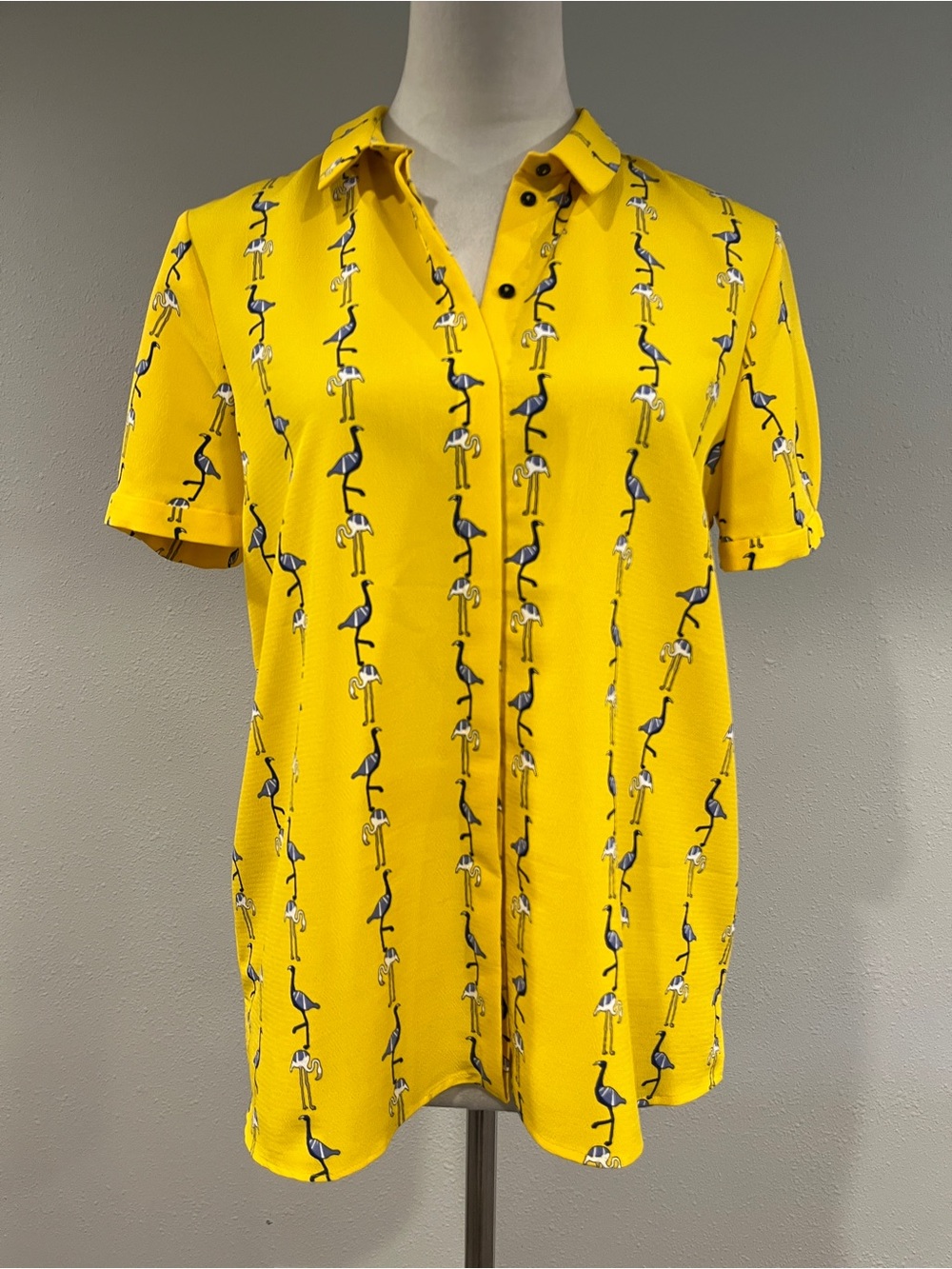 Zara Basic Yellow Short-Sleeve Polo Shirt with Flamingo Print